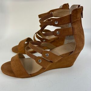 Kaari Blue Megan Open Toe Wedge Strappy Slip on Sandal Brown zip back 8W
